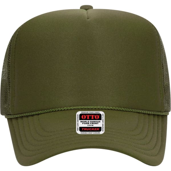 A green 5 panel high crown trucker cap with mesh sides and a branded logo on the front.
