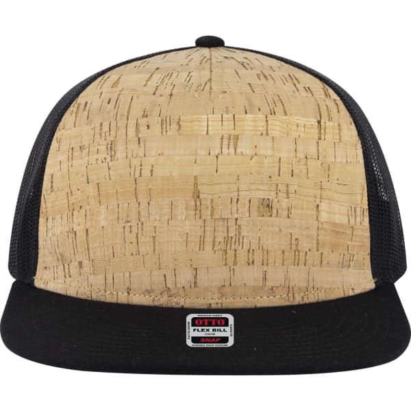 A trucker cap featuring a cork-style front and black mesh panels, complete with a branded label on the underside.