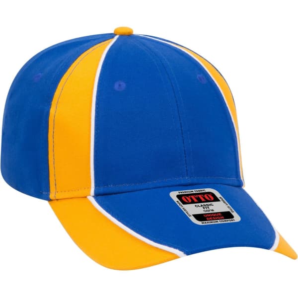 A 6 panel low profile baseball cap in blue and yellow with a logo on the front.