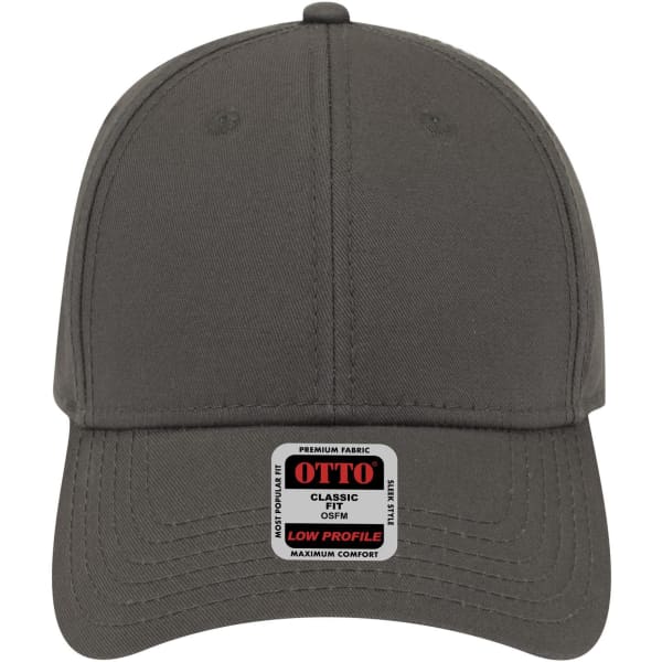 A grey low profile baseball cap featuring a logo on the front. Ideal for headwear collections.