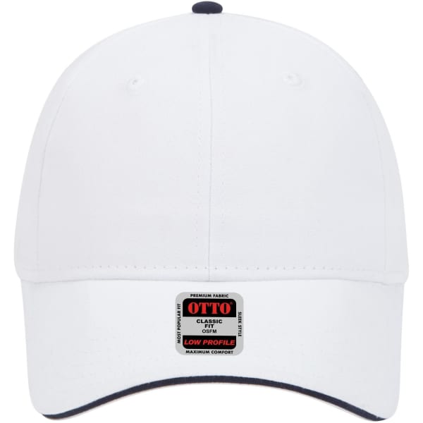 A white low profile baseball cap with a contrasting dark peak and a logo on the front.