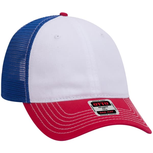 A 6-panel low profile trucker dad cap in white, red, and blue with a mesh back and a branded logo.