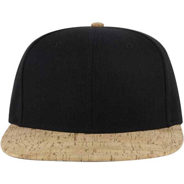 A snapback cap featuring a black top and a textured beige cork peak, with a logo on the front.