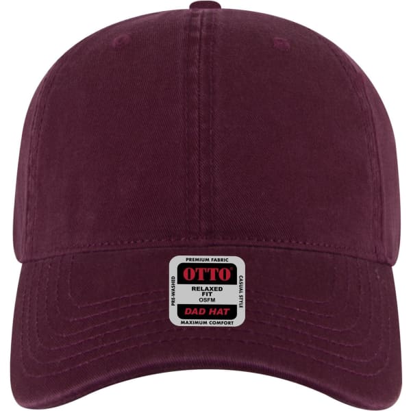 A maroon 6-panel low profile dad cap featuring a front logo and a relaxed fit. Ideal for casual wear.