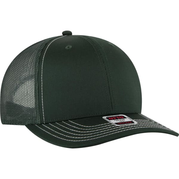 A green 6-panel mid-profile trucker cap with mesh panels and a curved brim. It features a logo on the front.
