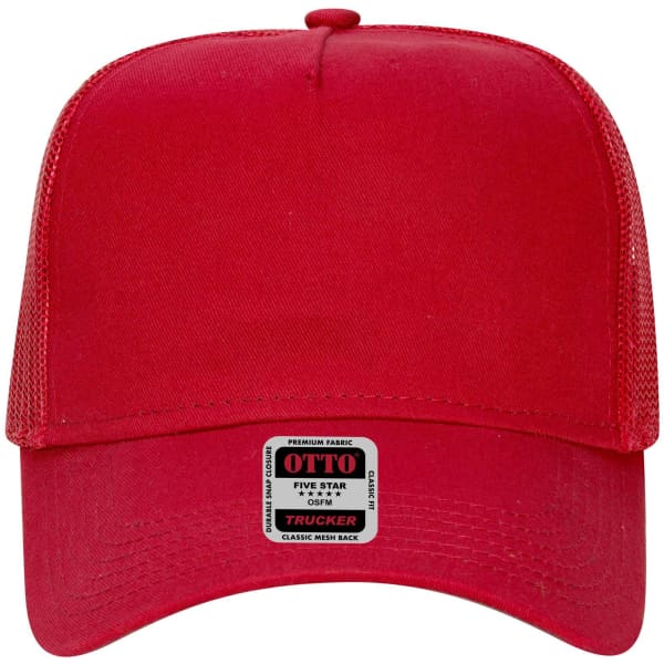 A red 5-panel low profile trucker cap with a mesh back and a label on the front.