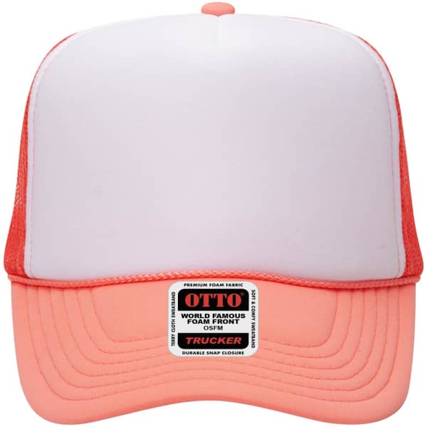 A high crown trucker cap in pink and white, featuring a logo and a foam front.