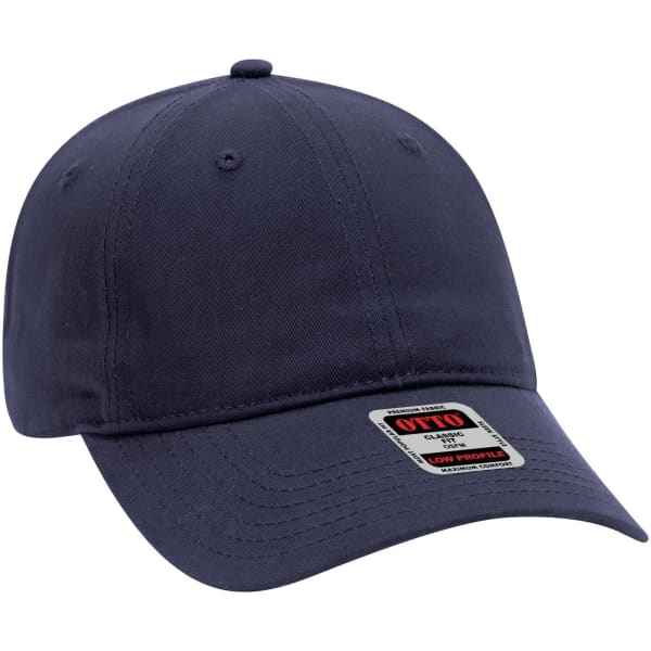 A navy blue 6 panel low profile baseball cap featuring a logo on the front.