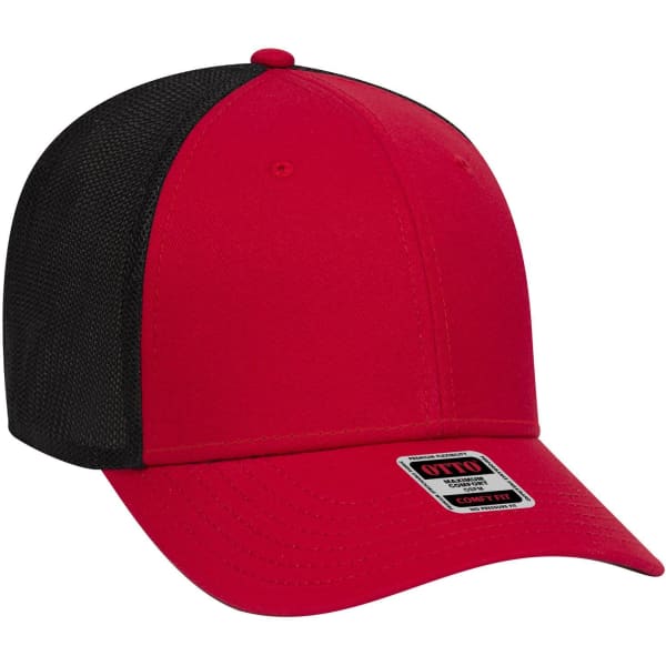 A red and black six-panel low-profile baseball cap with a mesh back and branding on the side.