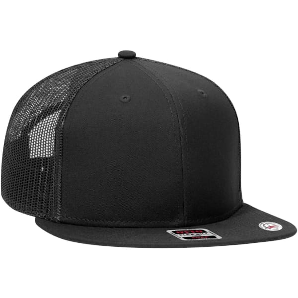 A black 6 panel mid profile trucker cap with a mesh back and a flat brim. Features a logo on the side.