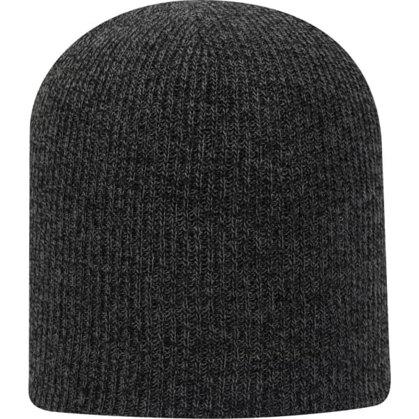 A premium rib knit beanie in dark grey with a fitted design and a logo.