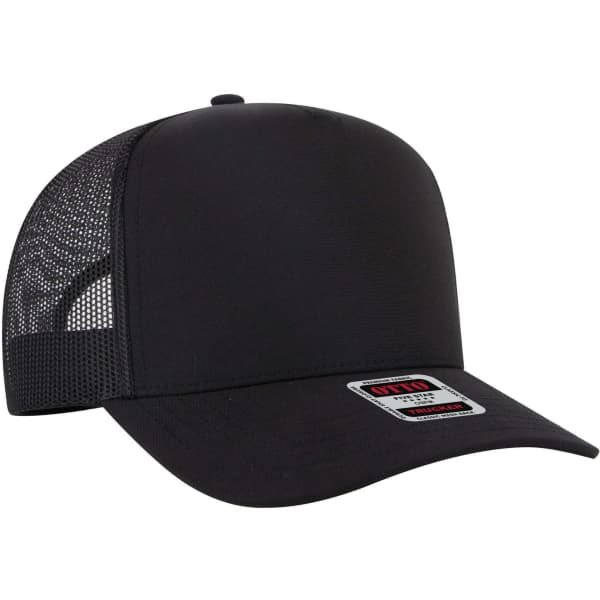 A black 5 panel mid profile trucker cap with a mesh back and a logo on the front.