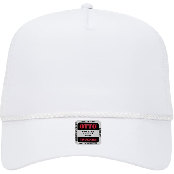 A white 5-panel mid-profile trucker cap featuring a logo on the front and a classic mesh back.