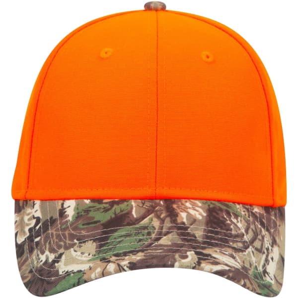 An orange baseball cap with a camo-patterned brim and a silver metal snap on top. Features a logo.