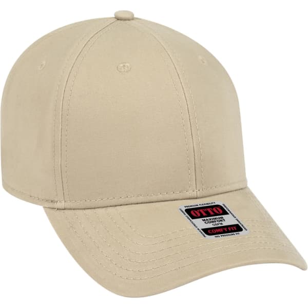 A beige low-profile baseball cap with a six-panel design and an attached logo label on the front.