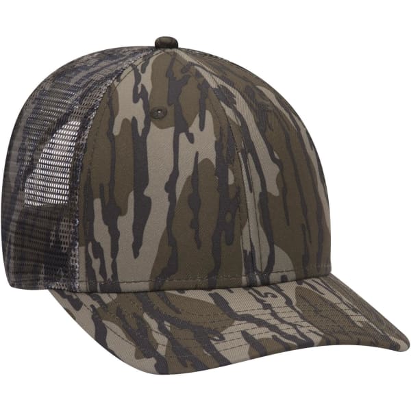 A camouflage 6 panel low profile baseball cap in shades of green and grey, featuring a mesh back and a logo.