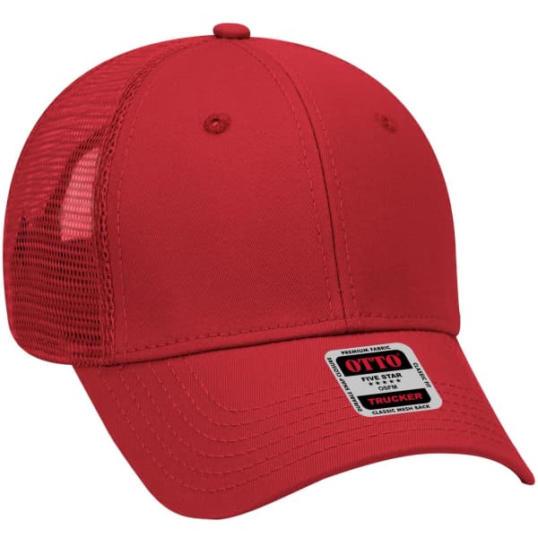 A red 6 panel low profile trucker cap with mesh sides and a branded tag on the front.