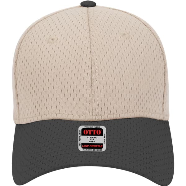 A beige and black 6-panel low profile baseball cap with a branding logo on the front.