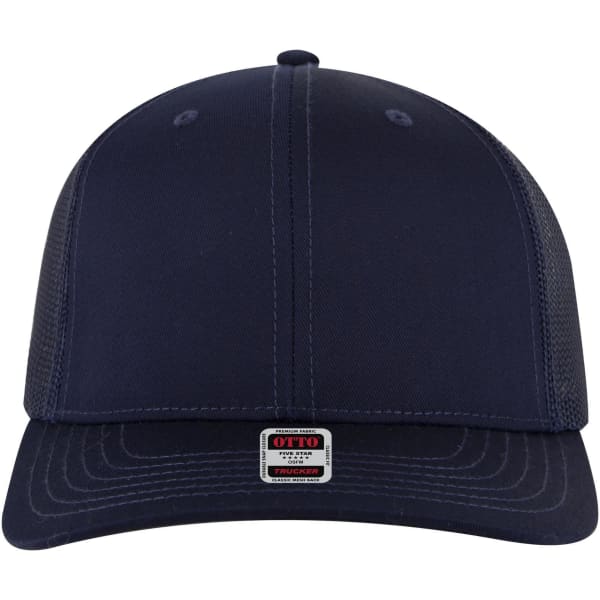 A navy blue 6-panel mid profile trucker cap featuring a mesh back and a branding logo on the front.