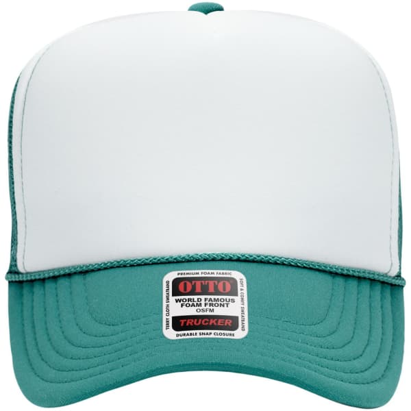 A high crown trucker cap in teal and white, featuring a logo and a durable snap closure.