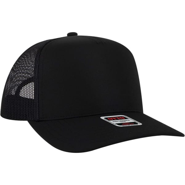 A black 5 panel mid profile trucker cap with a solid front and mesh back, featuring a small logo.