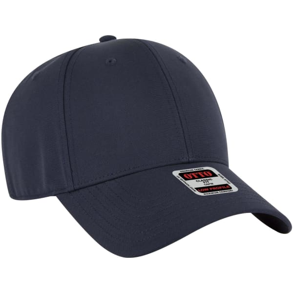 A navy blue 6-panel low profile baseball cap featuring a branded tag on the front.