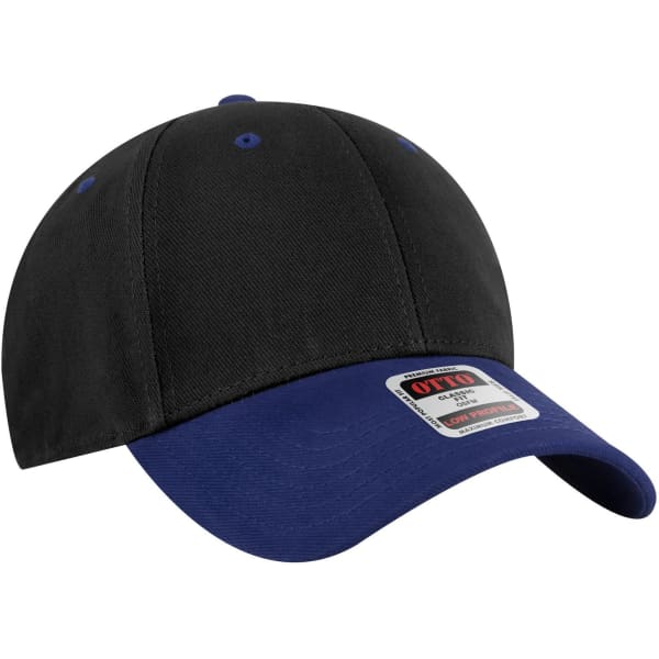 A black and navy blue 6 panel low profile baseball cap with a logo on the front.