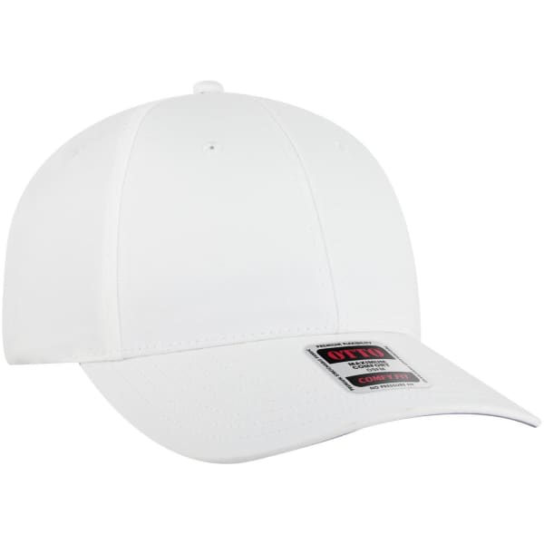A white low-profile baseball cap featuring a six-panel design and a logo on the front.