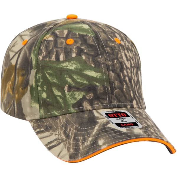 A camouflaged baseball cap with a low profile and orange accents, featuring a logo on the front.