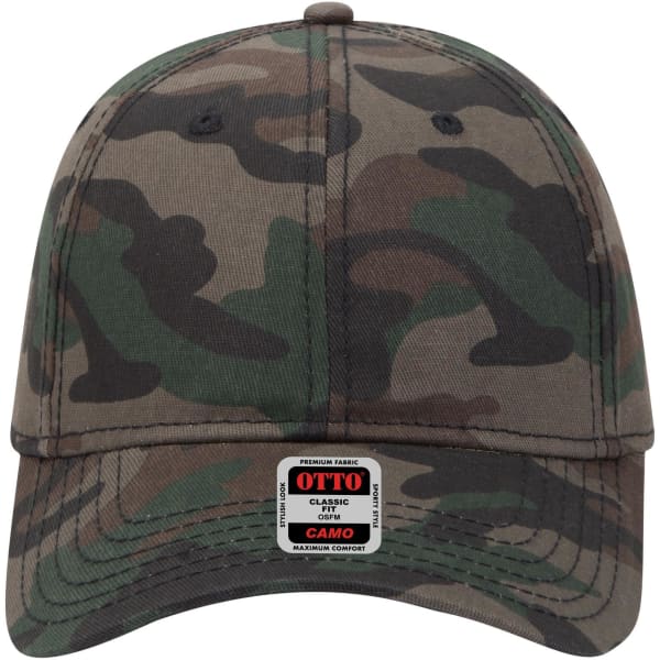 A camo 6 panel low profile baseball cap in various shades of green and brown, featuring a logo on the front.