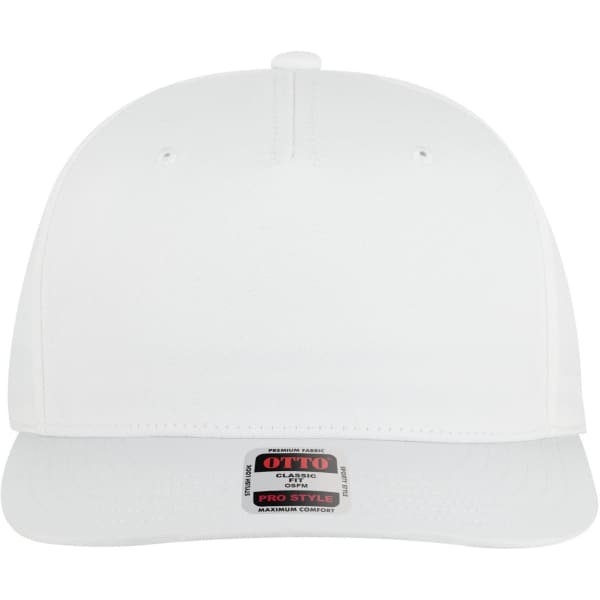 A white 5 panel pro style snapback hat with a logo on the front and a flat brim.