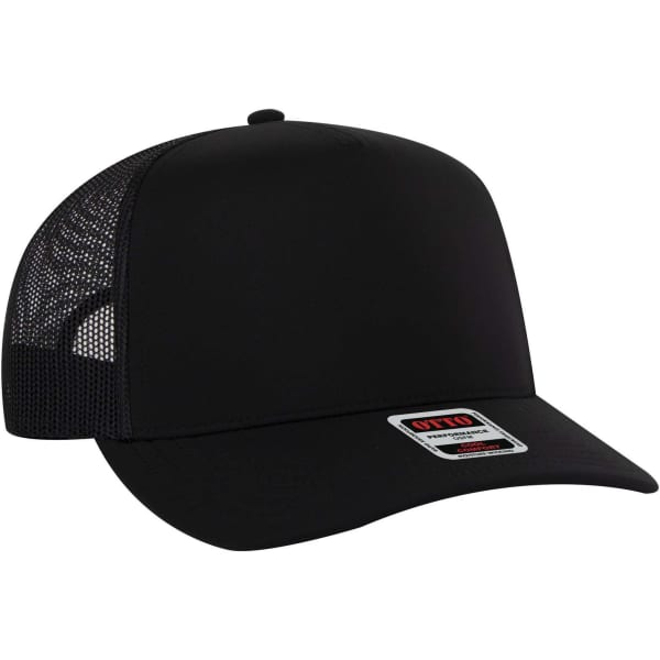 A black 5 Panel Mid Profile Trucker Cap featuring a mesh back and a small logo on the front.