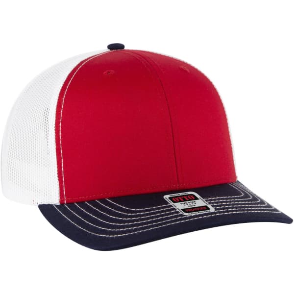 A red and white 6-panel mid-profile trucker cap with a navy blue brim and a logo on the front.