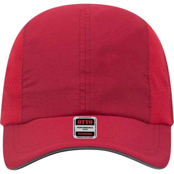 A red, six-panel running cap with a mesh design and a logo on the front.
