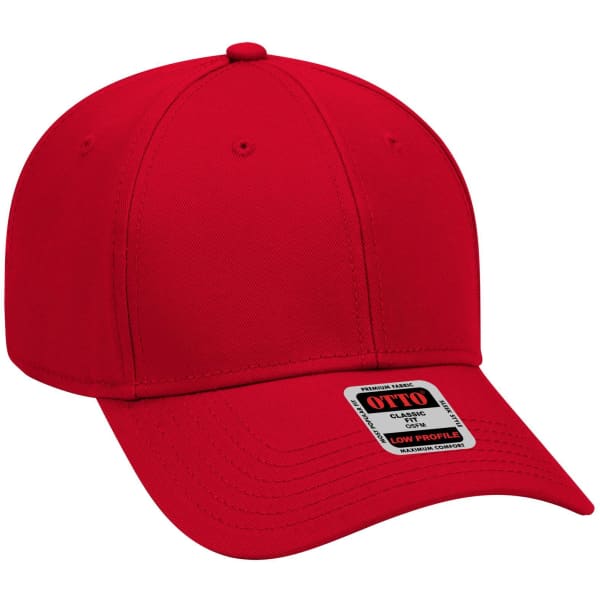 A red 6 panel low profile baseball cap with a logo on the front.