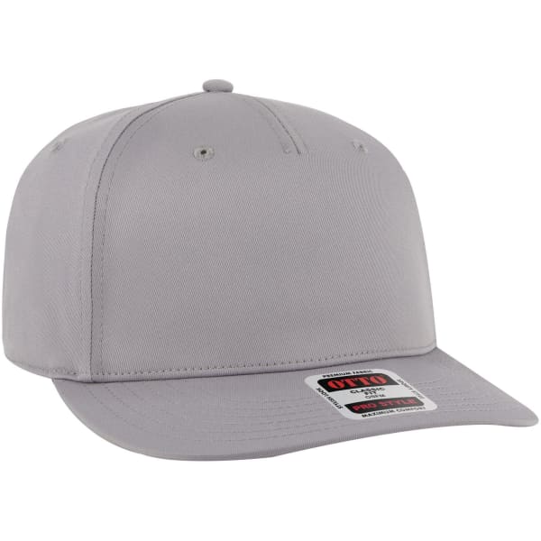 A grey 5 Panel Pro Style Snapback Hat featuring a flat brim and a logo on the front.
