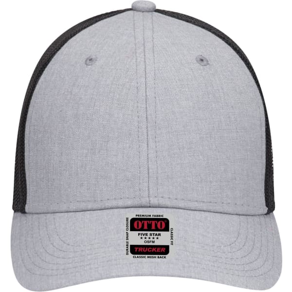 A grey 6 panel low profile trucker cap with a mesh rear and a tag on the front.