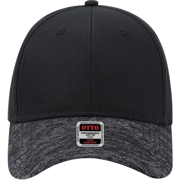 A black baseball cap with a low profile and a heathered grey peak, featuring a logo on the front.