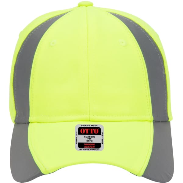 A high-visibility yellow cap with grey accents, featuring a logo on the front.