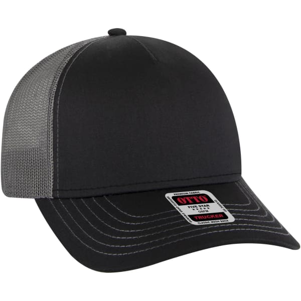 A black 5 Panel Low Profile Trucker Cap with a grey mesh back and a logo on the front.
