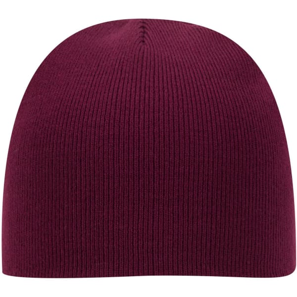 A classic knit beanie in a rich burgundy colour, featuring a ribbed texture and a simple design.