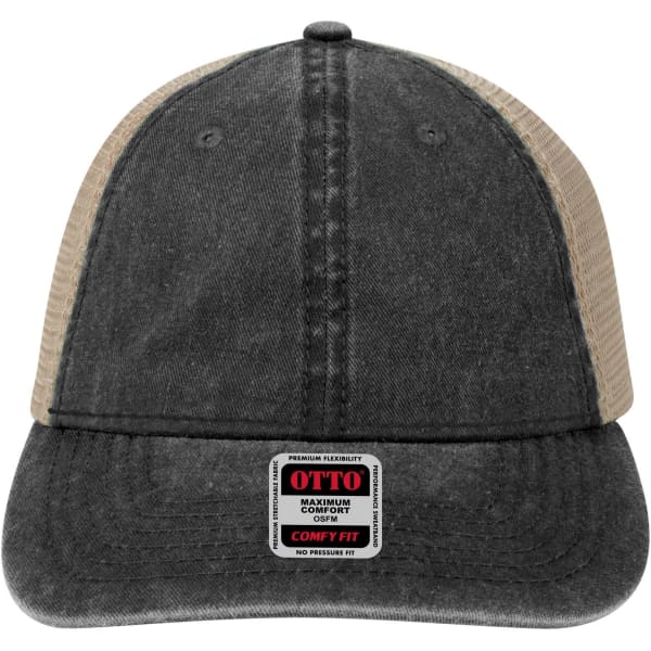 A grey and beige low-profile trucker cap featuring a mesh back and a branded label on the front.