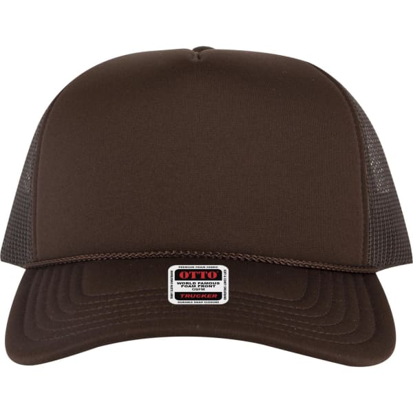 A 5-panel high crown trucker cap in brown with mesh side panels and a logo label on the front.
