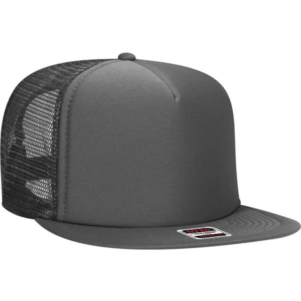 A grey 5 panel high crown trucker cap with a mesh back and a flat brim, featuring a logo.