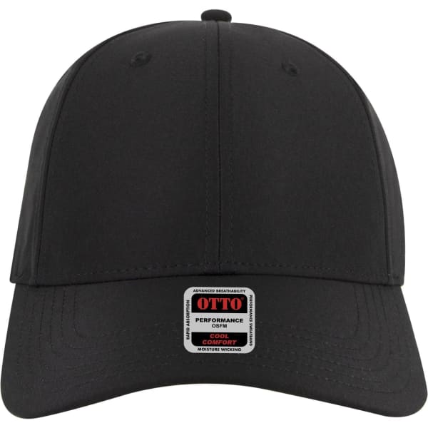 A black 6 panel low profile style baseball cap with a logo on the front.