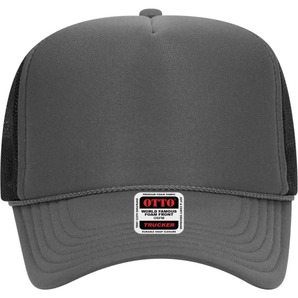 A grey 5 Panel High Crown Trucker Cap with mesh sides and a logo on the front.