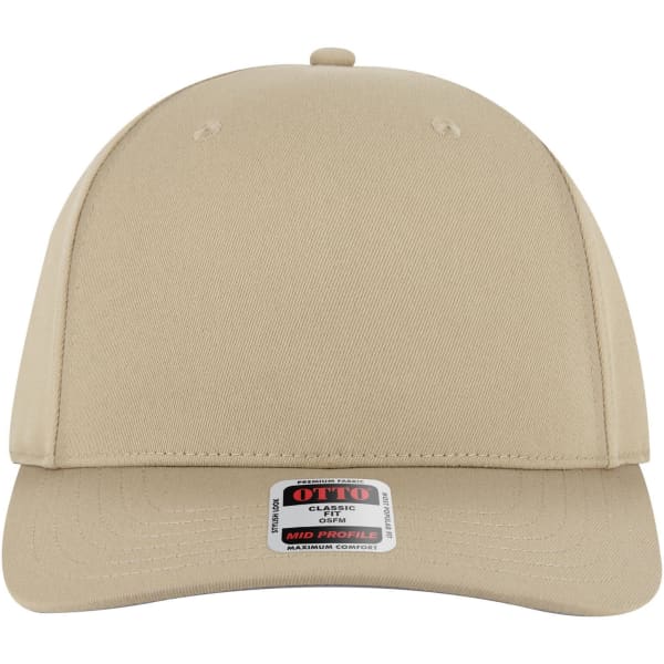 A beige seamless 6-panel mid-profile baseball cap with a logo on the front.