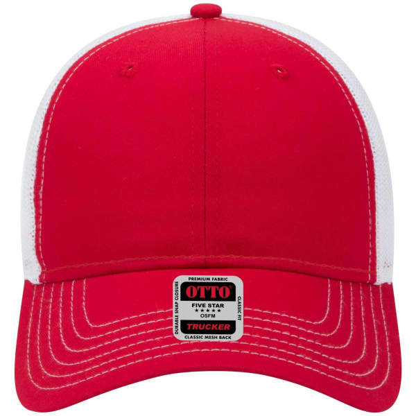 A red and white 6 panel low profile trucker cap with a mesh back and an attached label.