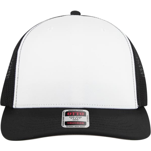 A black and white trucker cap with a mid profile and mesh back, featuring a logo on the front.