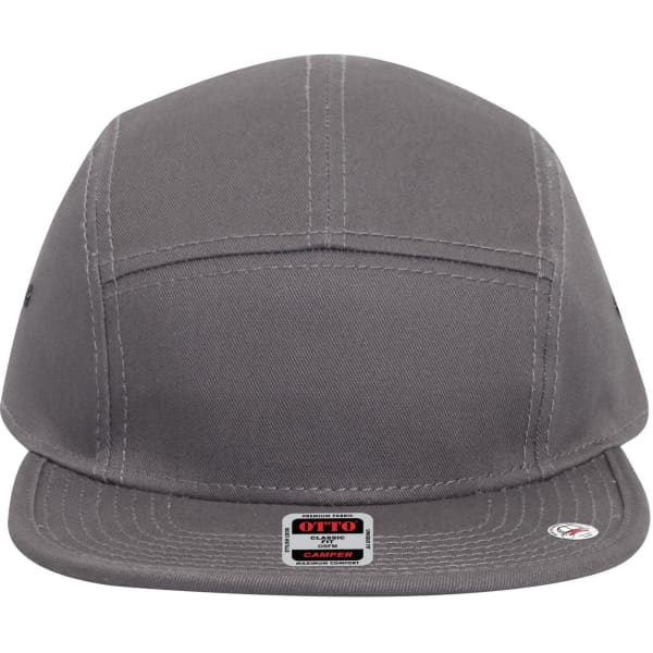 A grey 5 panel camper hat with a flat brim and a logo on the front.